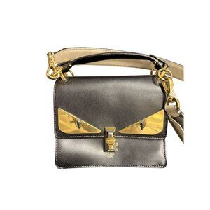 Fendi Roma Black & Gold Leather Shoulder Bag With Logo Strap